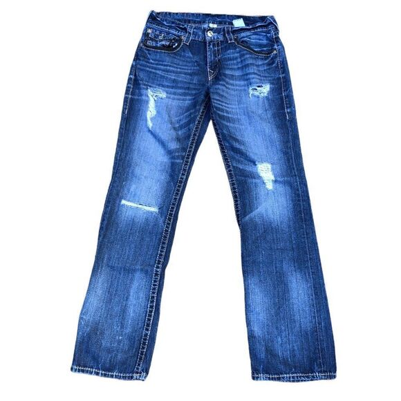 RARE True Religion Jeans Size 32 STRAIGHT Outline Big T Blue - Picture 5 of 8